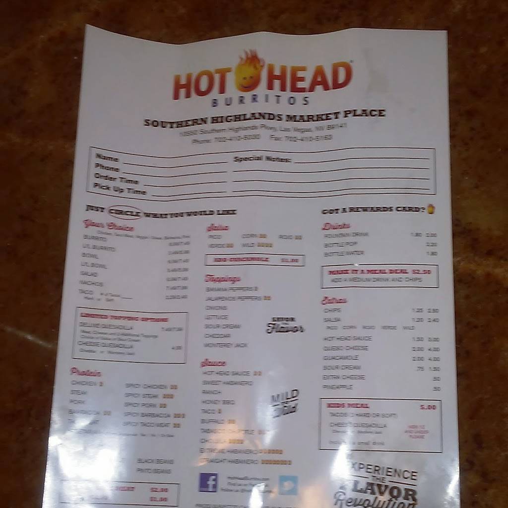 Hot Head Burritos | restaurant | 10550 Southern Highlands Pkwy #140, Las Vegas, NV 89141, USA | 7024105030 OR +1 702-410-5030