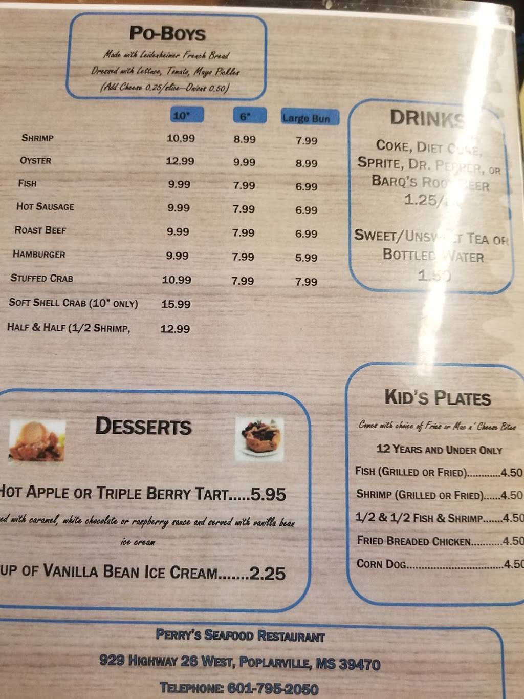 Perrys Seafood | restaurant | 929 MS-26, Poplarville, MS 39470, USA | 6017952050 OR +1 601-795-2050