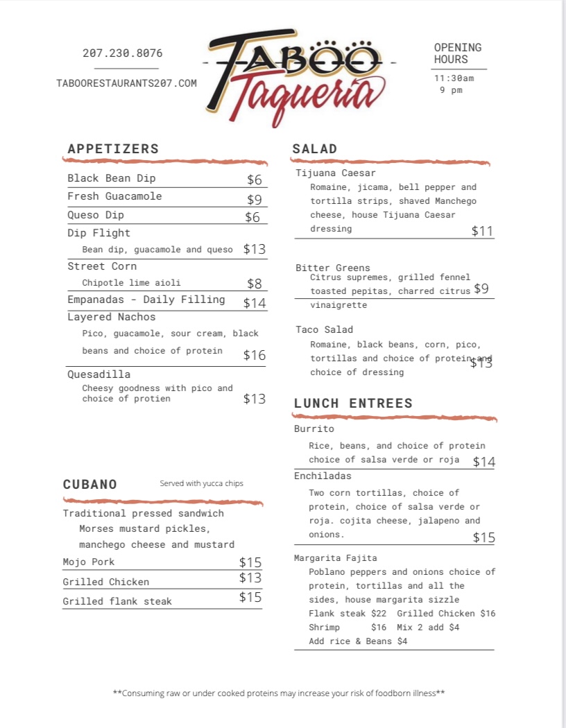 Taboo Taqueria | restaurant | 5 Country Inn Way, Rockport, ME 04856, USA | 2072308076 OR +1 207-230-8076