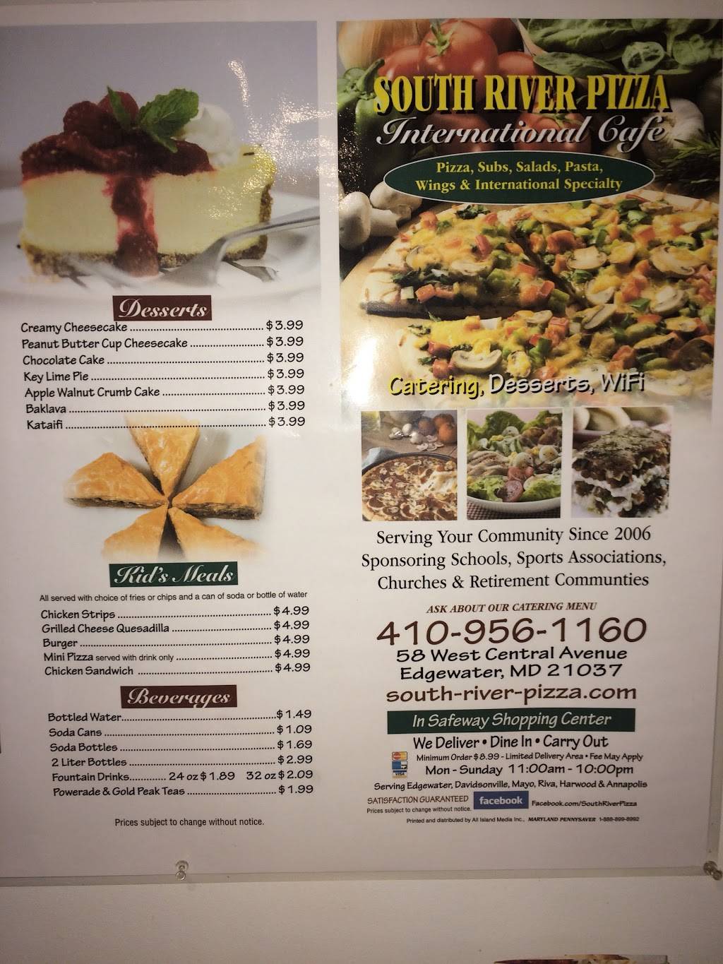 South River Pizza & Subs | restaurant | 58 Central Ave W, Edgewater, MD 21037, USA | 4109561160 OR +1 410-956-1160