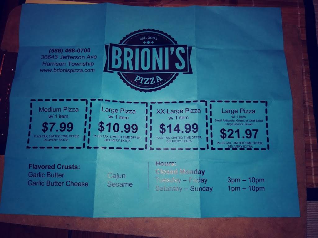 Brionis Pizza | meal takeaway | 36643 Jefferson Ave, Harrison Charter Township, MI 48045, USA | 5864680700 OR +1 586-468-0700