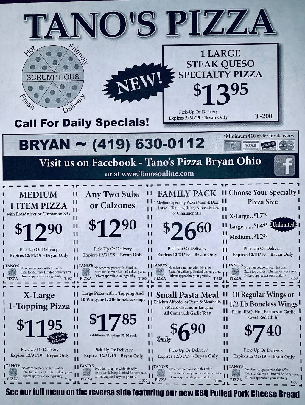 Tanos Pizza Bryan Ohio | restaurant | 1386, 216 S Union St, Bryan, OH 43506, USA | 4196300112 OR +1 419-630-0112