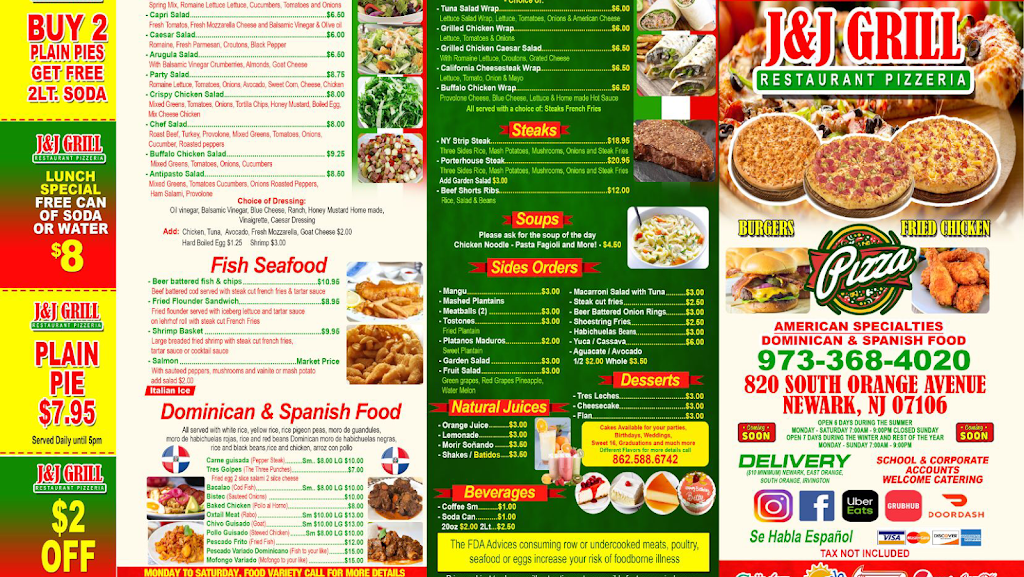 JJ GRILL RESTAURANT PIZZERÍA | restaurant | 820 S Orange Ave, Newark, NJ 07106, USA | 9733684020 OR +1 973-368-4020