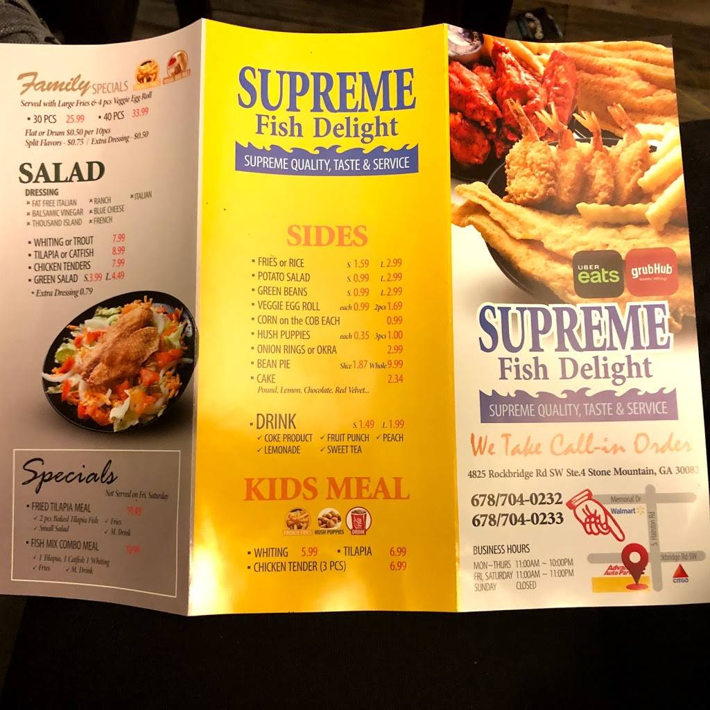 Supreme Fish Delight | restaurant | 4825 Rockbridge Rd SW, Stone Mountain, GA 30083, USA | 6787040233 OR +1 678-704-0233