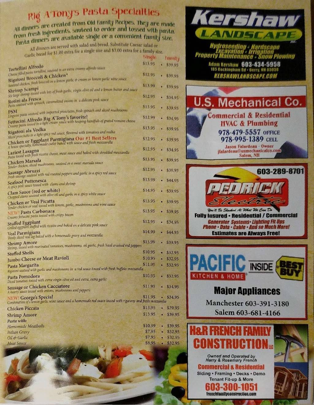 Rig A Tonys | restaurant | 2321, 38, W Broadway, Derry, NH 03038, USA | 6034256116 OR +1 603-425-6116