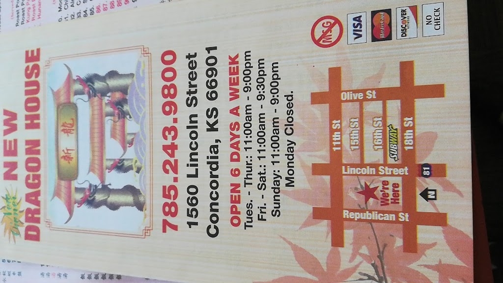 New Dragon House | restaurant | 1560 Lincoln St, Concordia, KS 66901, USA | 7852439800 OR +1 785-243-9800