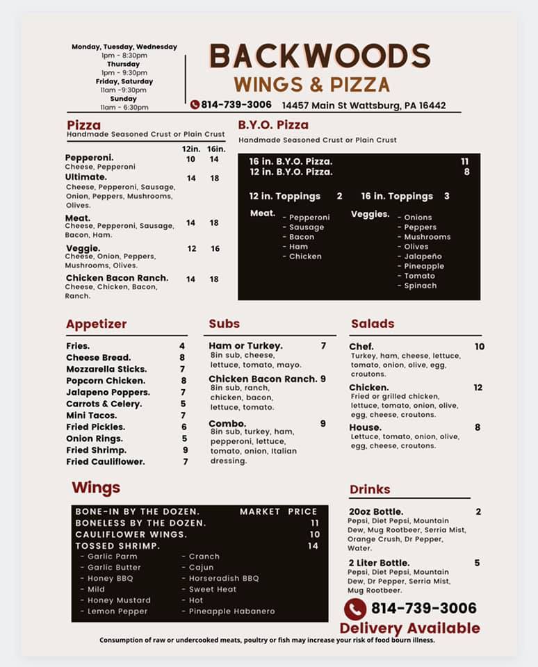 Backwoods Pizza & Beer Distributor | restaurant | 14457 Main St, Wattsburg, PA 16442, USA | 8147393006 OR +1 814-739-3006