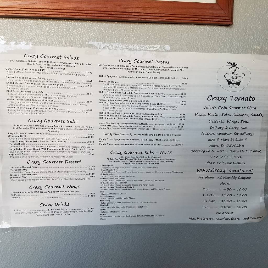 Crazy Tomato Pizza Pasta | restaurant | 803 E Main St # F, Allen, TX 75002, USA | 9727475131 OR +1 972-747-5131