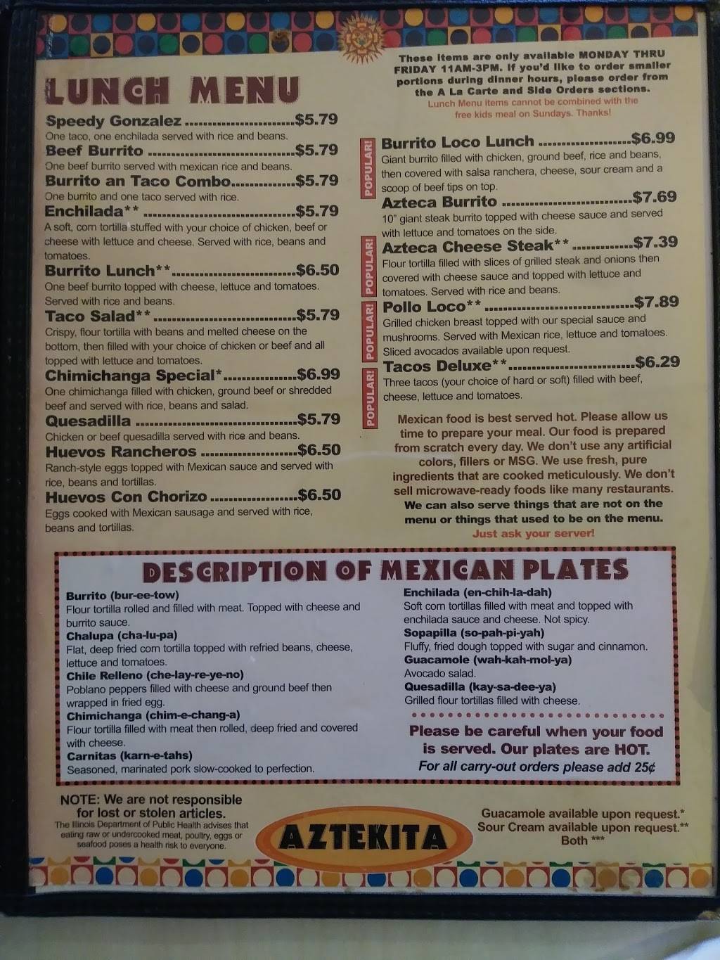 Aztekita Restaurant | restaurant | 128 N Davenport St, Metamora, IL 61548, USA | 3093676050 OR +1 309-367-6050