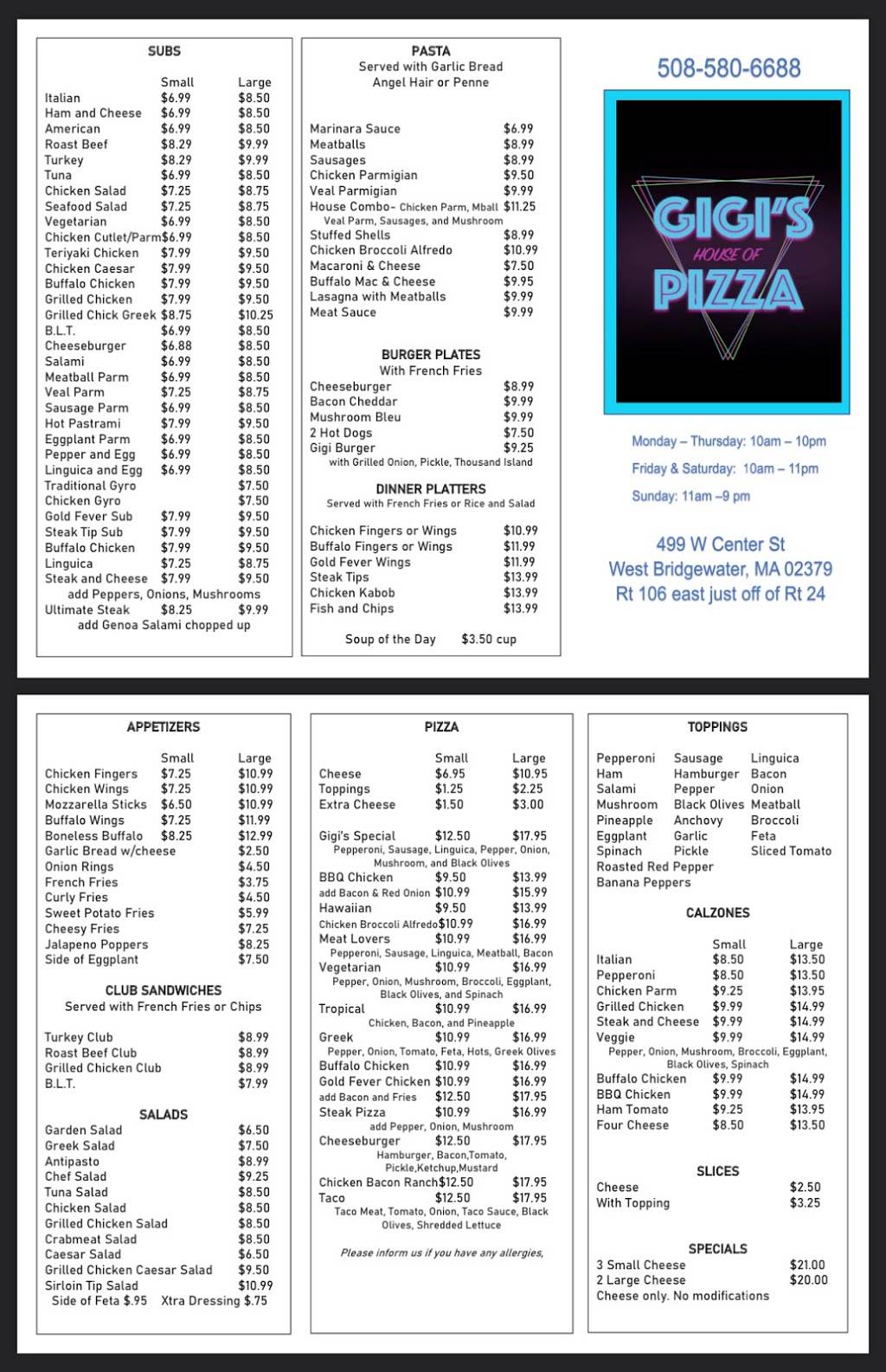 Gigis House of Pizza | restaurant | 499 W Center St, West Bridgewater, MA 02379, USA | 5085806688 OR +1 508-580-6688