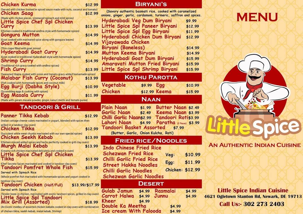 Little Spice Indian Cuisine | restaurant | 4621 Ogletown Stanton Rd, Newark, DE 19713, USA | 3022732403 OR +1 302-273-2403