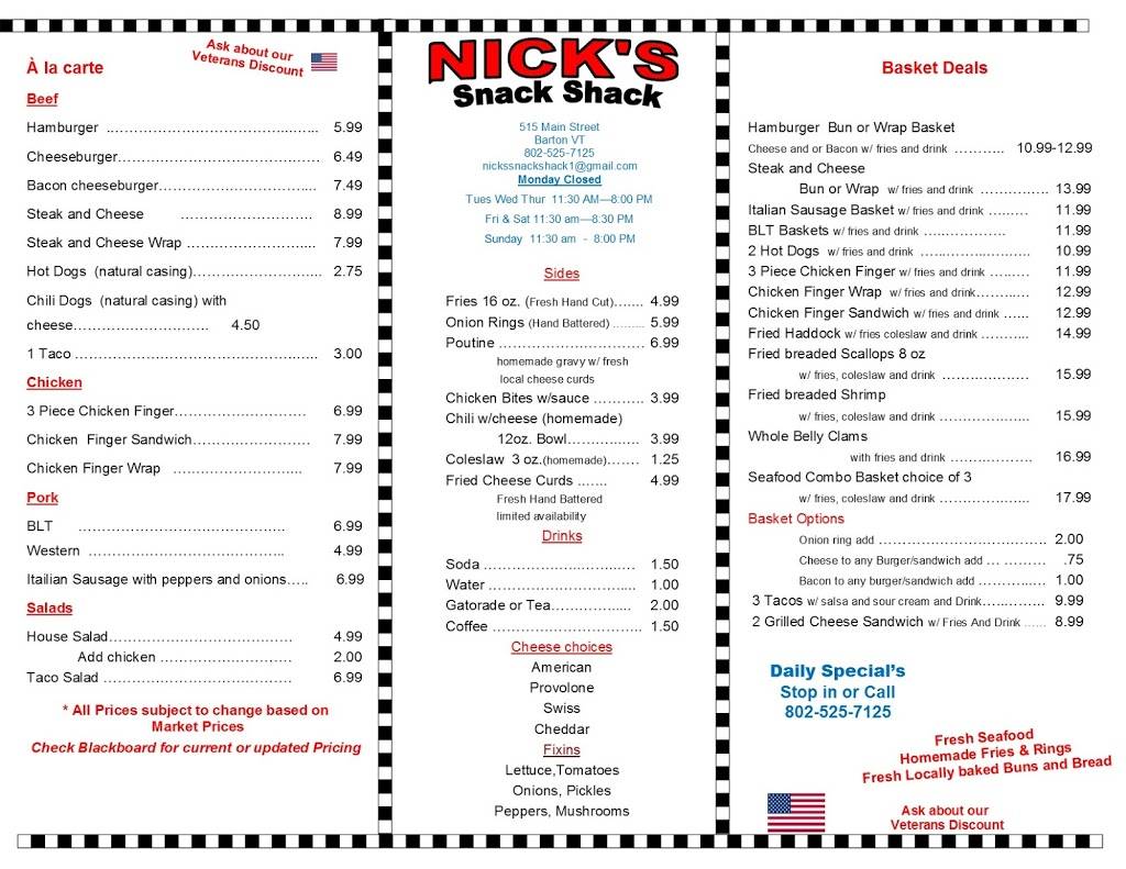 Nicks Snack Shack | restaurant | 515 Main St, Barton, VT 05822, USA | 8025257125 OR +1 802-525-7125