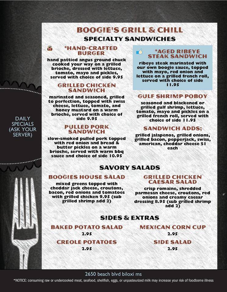 Boogies Grill & Chill | restaurant | 2650 Beach Blvd #41, Biloxi, MS 39531, USA | 2282072866 OR +1 228-207-2866