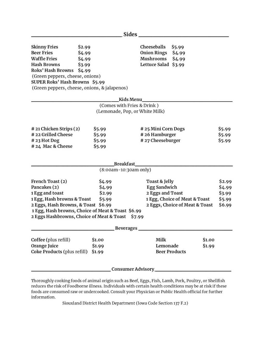 Rok’s Bar & Grill | restaurant | 601 Colfax St, Boyden, IA 51234, USA | 7127252110 OR +1 712-725-2110