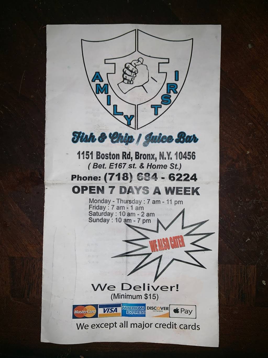 Family First Fish & Chips / Juice Bar | restaurant | 1151 Boston Rd, The Bronx, NY 10456, USA | 7186846224 OR +1 718-684-6224
