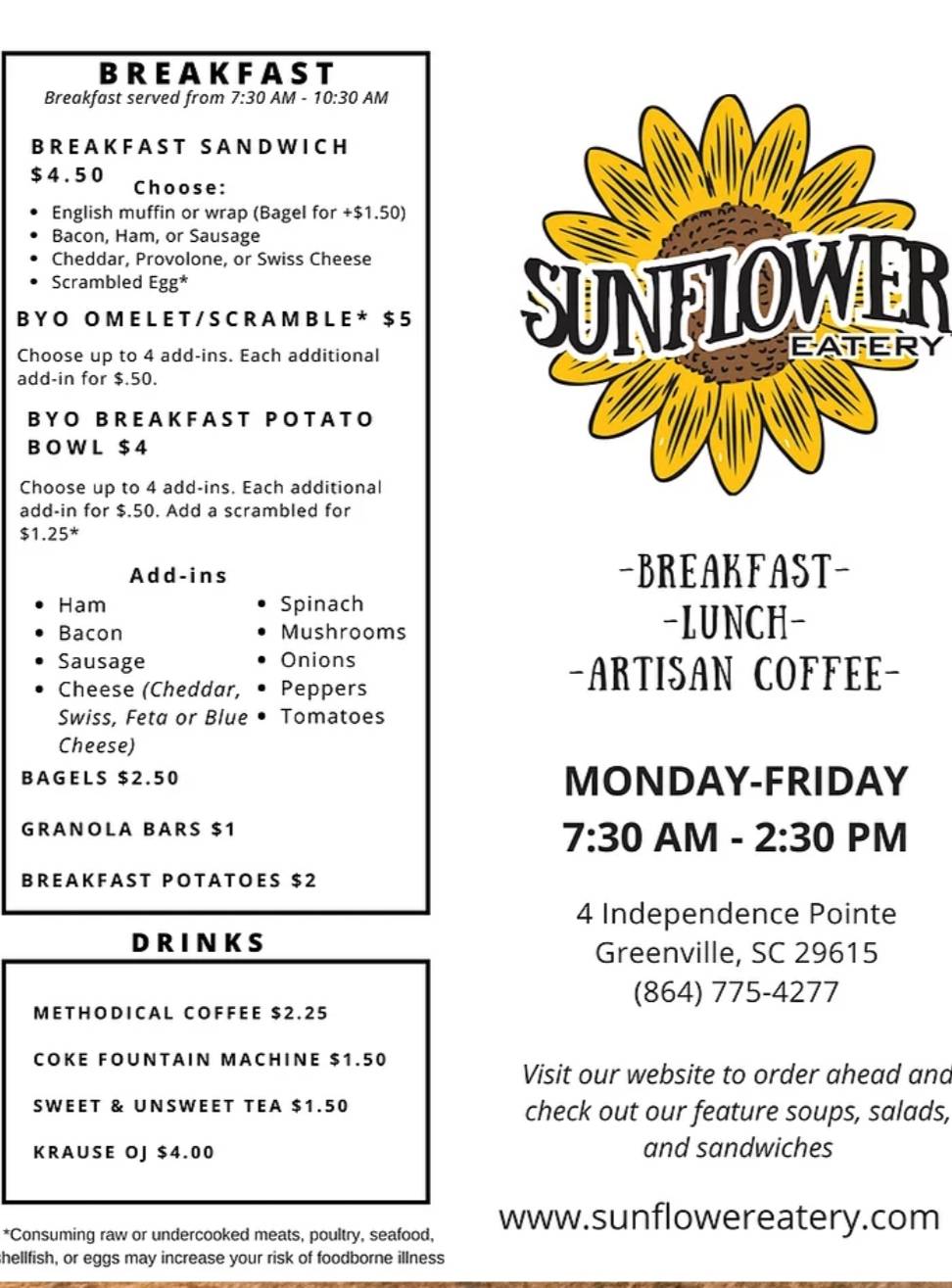 Sunflower Eatery | restaurant | 4 Independence Point, Greenville, SC 29615, USA | 8647754277 OR +1 864-775-4277
