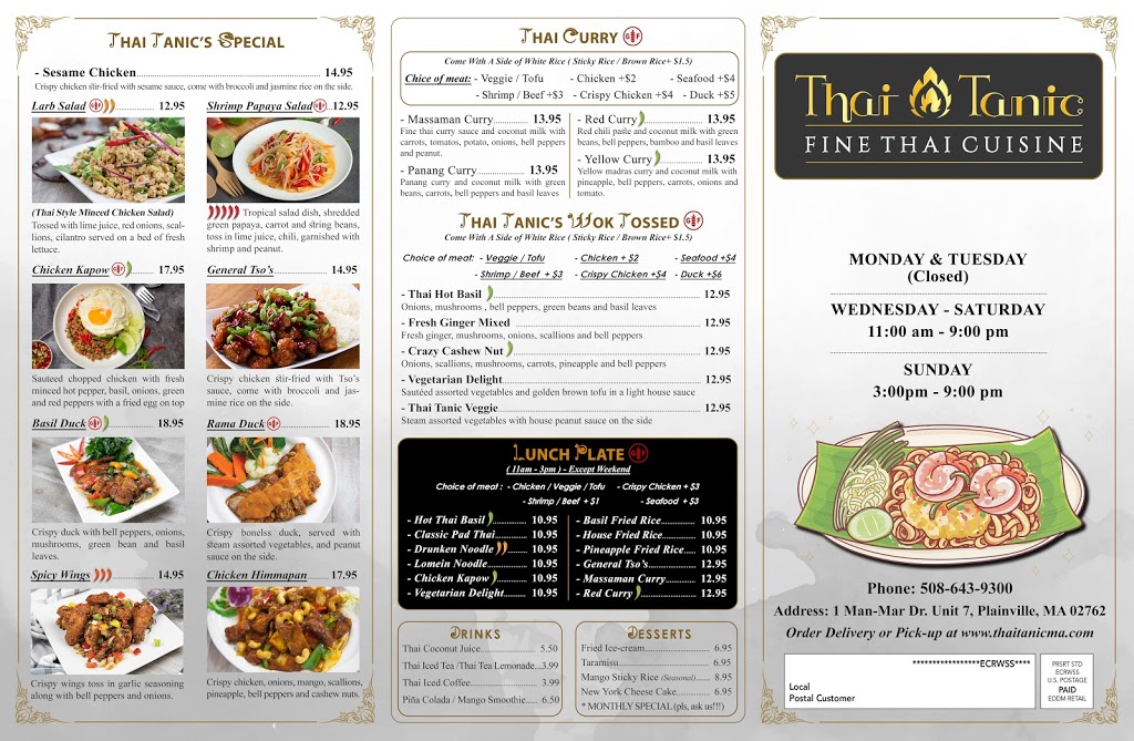 Thai Tanic | restaurant | 1 Man-Mar Dr, Plainville, MA 02762, USA | 5086439300 OR +1 508-643-9300