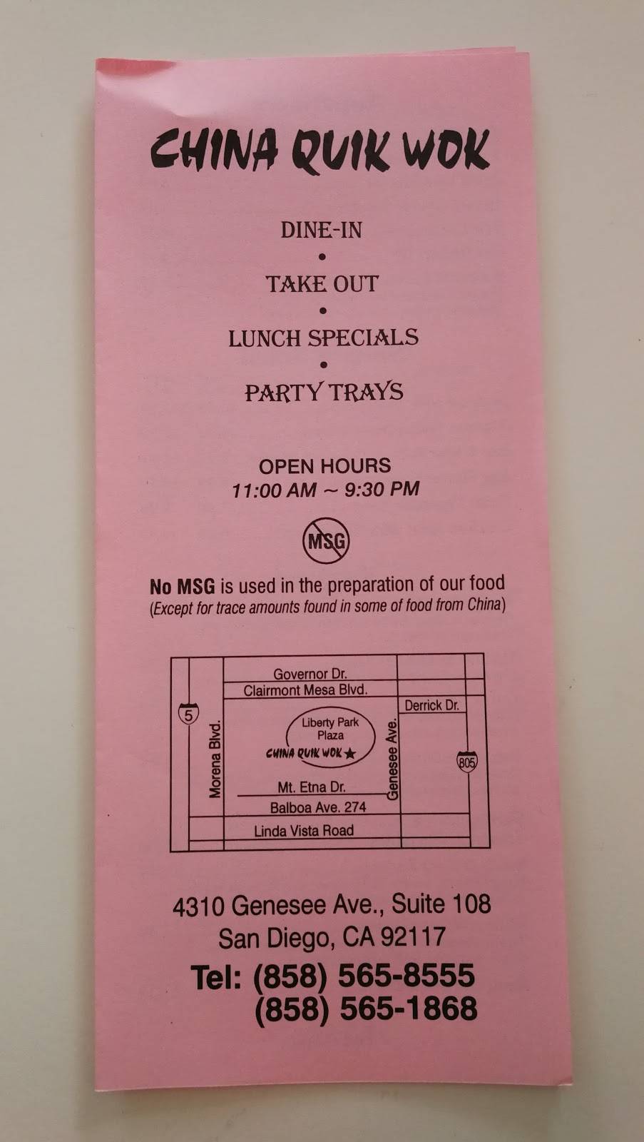 China Quik Wok | restaurant | 4310 Genesee Ave, San Diego, CA 92117, USA | 8585658555 OR +1 858-565-8555