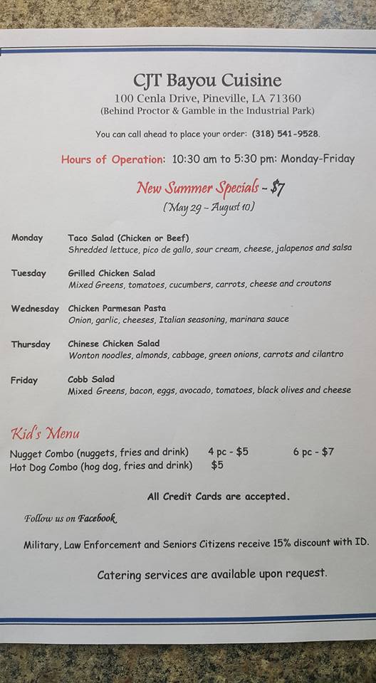 CJT Bayou Cuisine | restaurant | 100 Cenla Dr, Pineville, LA 71360, USA | 3185419528 OR +1 318-541-9528