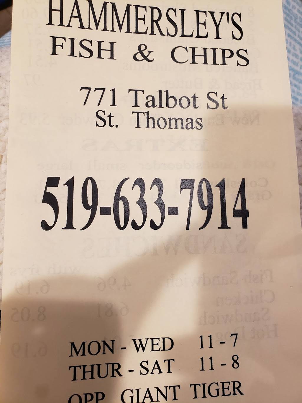 Hammersleys Fish N Chips | restaurant | 771 Talbot St, St Thomas, ON N5P 1E3, Canada | 5196337914 OR +1 519-633-7914