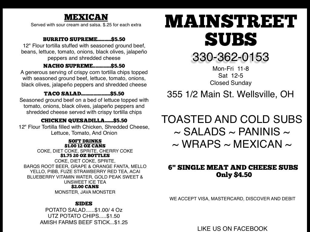 Main Street Subs | restaurant | 355 Main St, Wellsville, OH 43968, USA | 3303620153 OR +1 330-362-0153