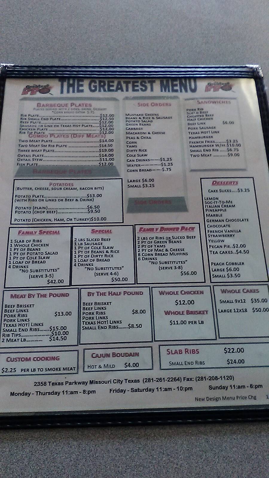 The Greatest BBQ | restaurant | 2358 Texas Pkwy, Missouri City, TX 77489, USA | 2812612264 OR +1 281-261-2264