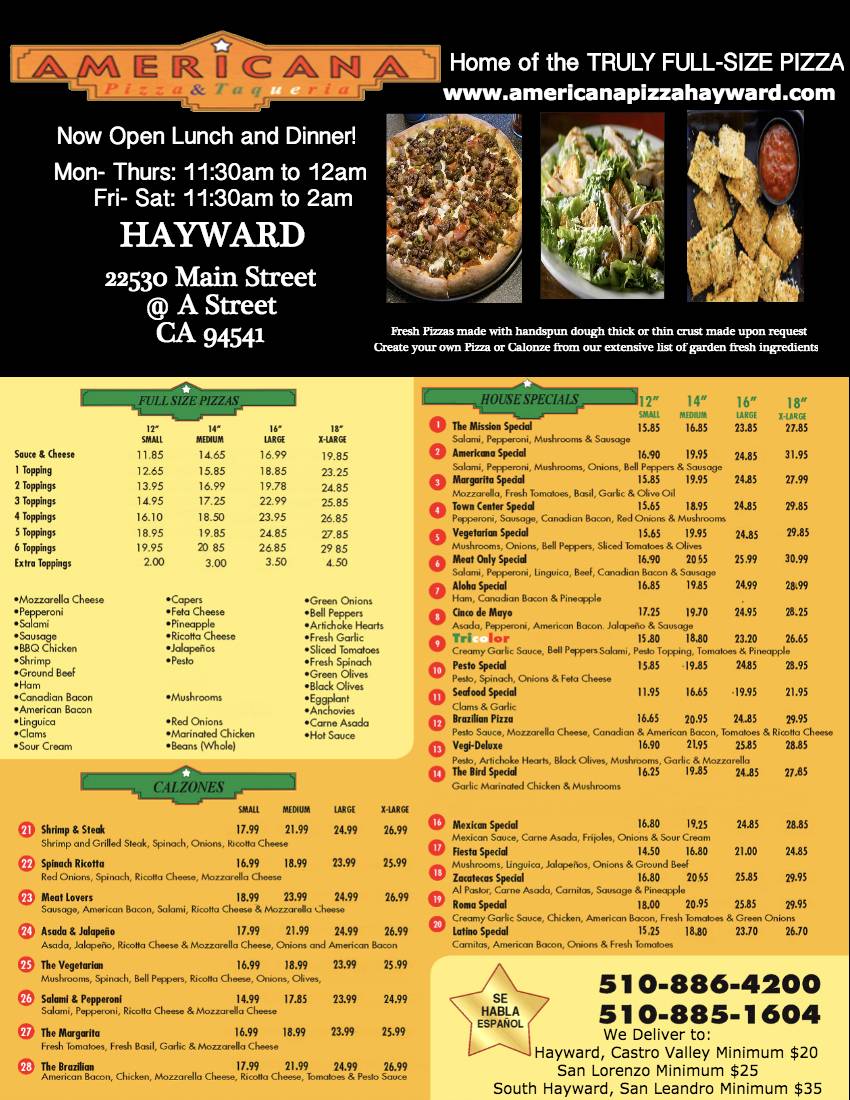 Americana Pizza & Taqueria Hayward | restaurant | 22530 Main St, Hayward, CA 94541, USA | 5108864200 OR +1 510-886-4200