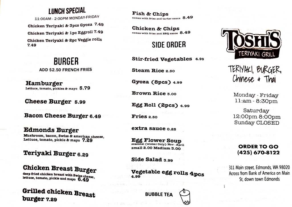 Toshis Teriyaki | restaurant | 311 Main St, Edmonds, WA 98020, USA | 4256708122 OR +1 425-670-8122
