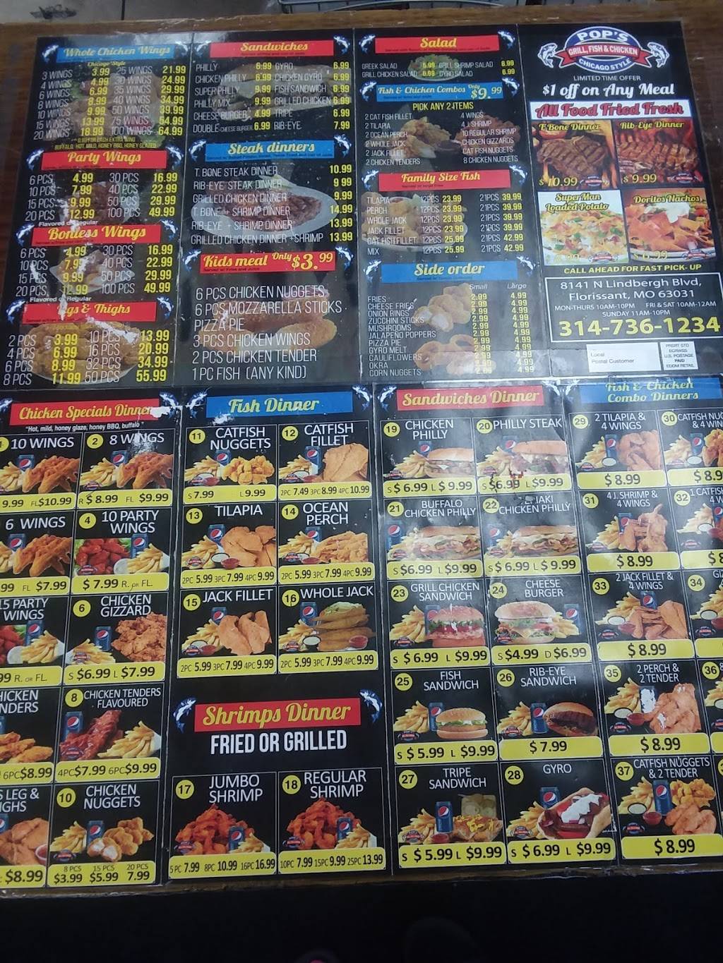 Pops Grill, Fish & Chicken | restaurant | 8141 N Lindbergh Blvd, Florissant, MO 63031, USA | 3147361234 OR +1 314-736-1234