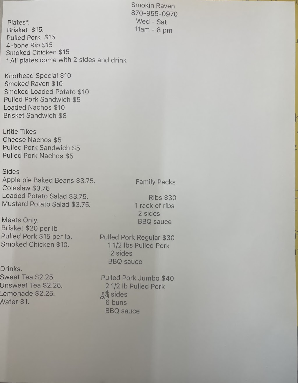 Smokin Raven | restaurant | 360 US-63, Ravenden, AR 72459, USA | 8709550970 OR +1 870-955-0970