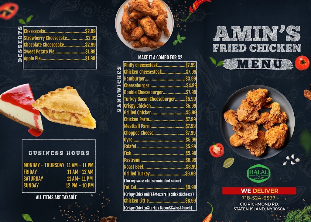 Amins fried chiken | restaurant | 610 Richmond Rd, Staten Island, NY 10304, USA | 7185246597 OR +1 718-524-6597