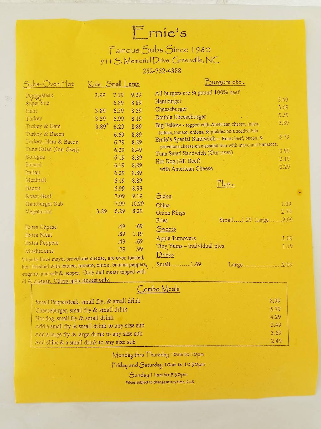 Ernies Famous Subs | restaurant | 911 S Memorial Dr, Greenville, NC 27834, USA | 2527524388 OR +1 252-752-4388