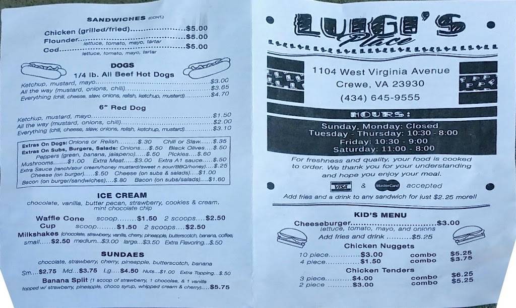 Luigis Place | restaurant | 1104 W Virginia Ave, Crewe, VA 23930, USA | 4346459555 OR +1 434-645-9555