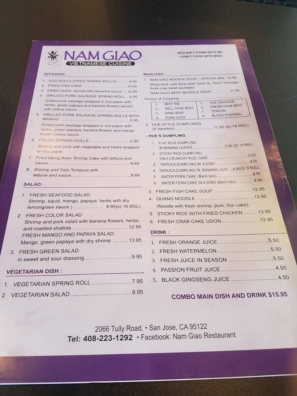 Nam Giao Restaurant | restaurant | 2066 Tully Rd, San Jose, CA 95122, USA | 4082231292 OR +1 408-223-1292