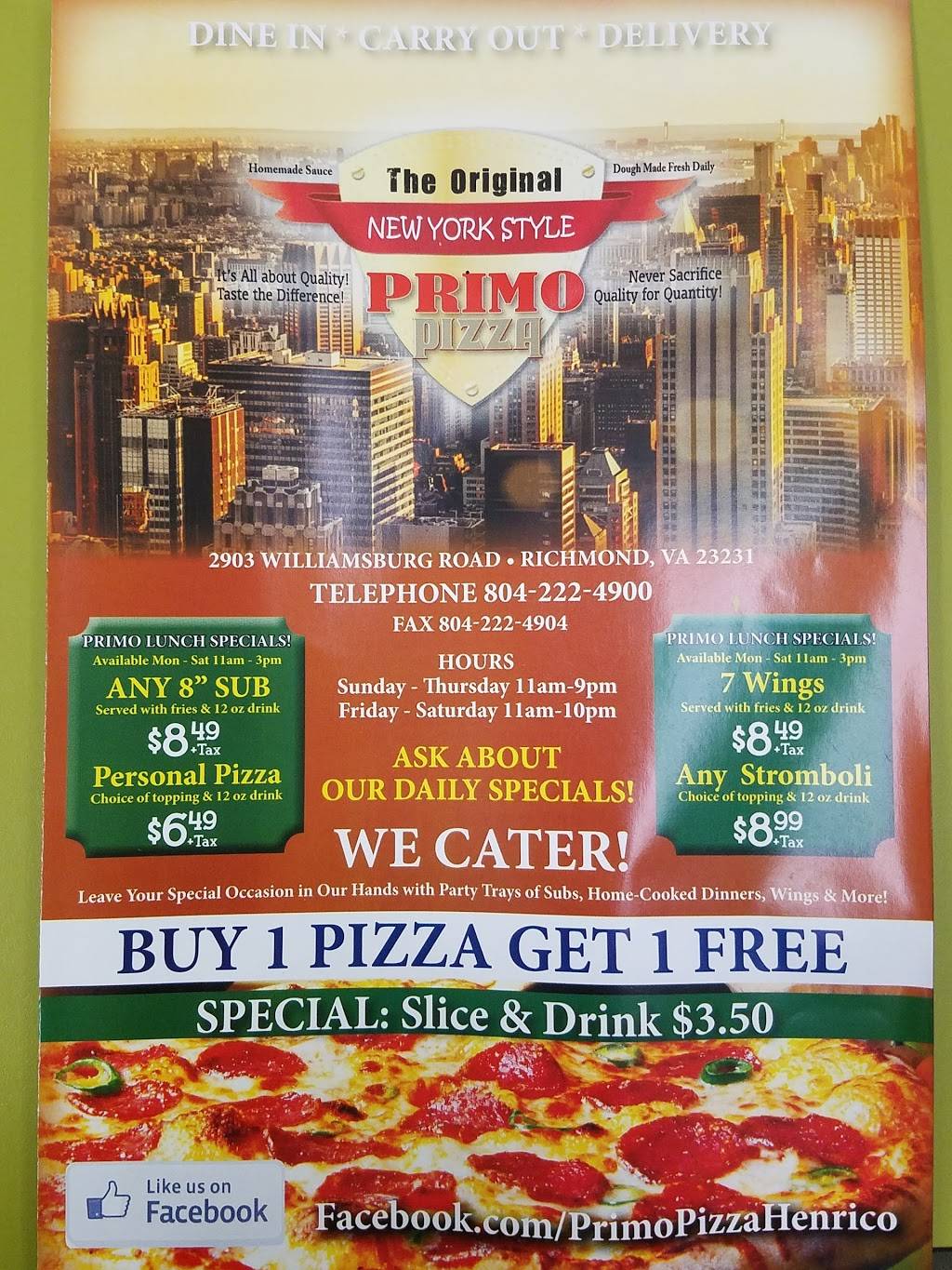 Primo Pizza | restaurant | 2903 Williamsburg Rd, Richmond, VA 23231, USA | 8042224900 OR +1 804-222-4900