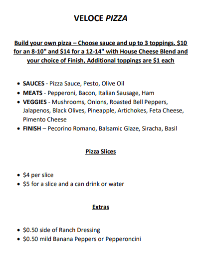 Veloce Pizza & Bakery | restaurant | 2211 Seminole Dr SW #1020, Huntsville, AL 35805, USA | 2568086037 OR +1 256-808-6037