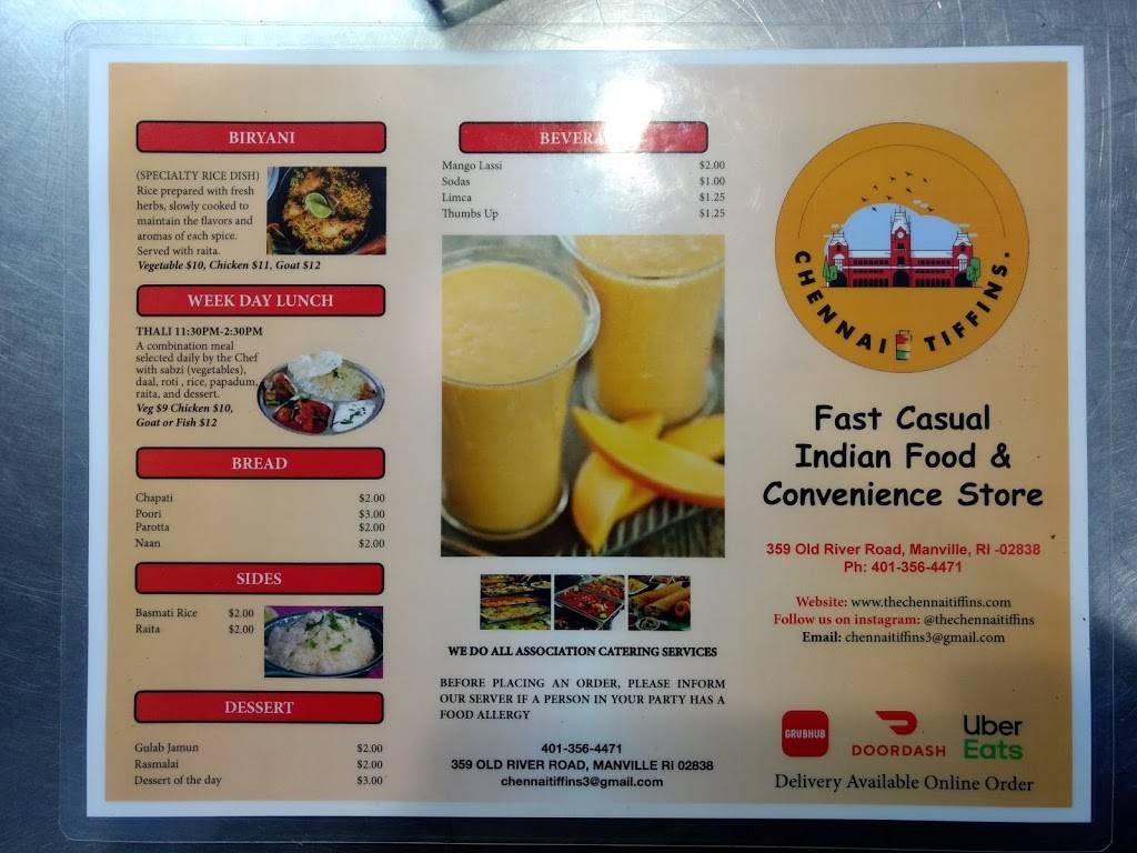 Chennai Tiffins | restaurant | 359 Old River Rd, Manville, RI 02838, USA | 4013564471 OR +1 401-356-4471
