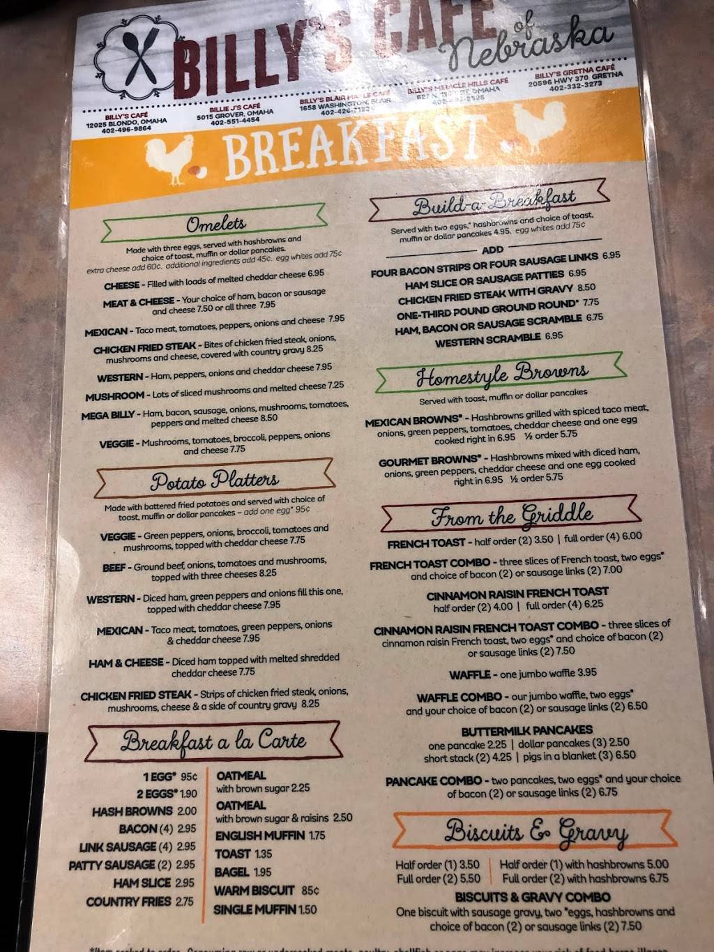 Billys Cafe | restaurant | 12025 Blondo St, Omaha, NE 68164, USA | 4024969864 OR +1 402-496-9864