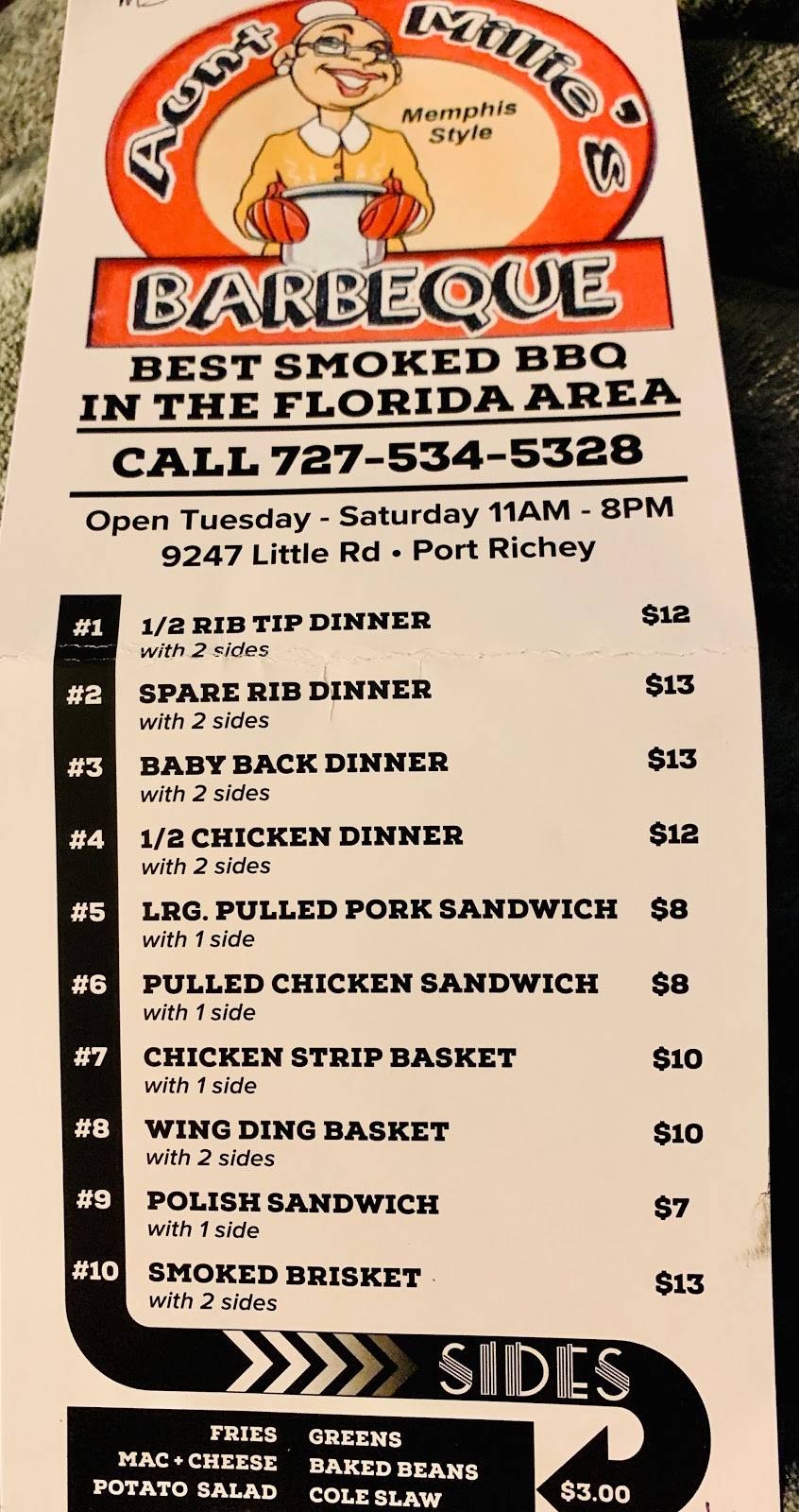 Aunt Millie’s BBQ | restaurant | 9247 Little Rd, New Port Richey, FL 34654, USA | 7275345328 OR +1 727-534-5328