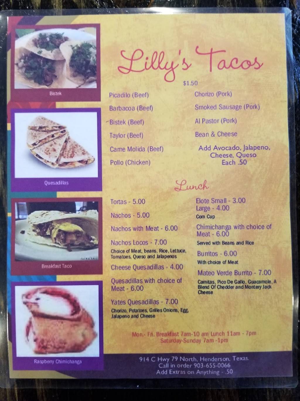 Lilys Tacos Food Stand | restaurant | 914 US-79 c, Henderson, TX 75652, USA | 9036550066 OR +1 903-655-0066