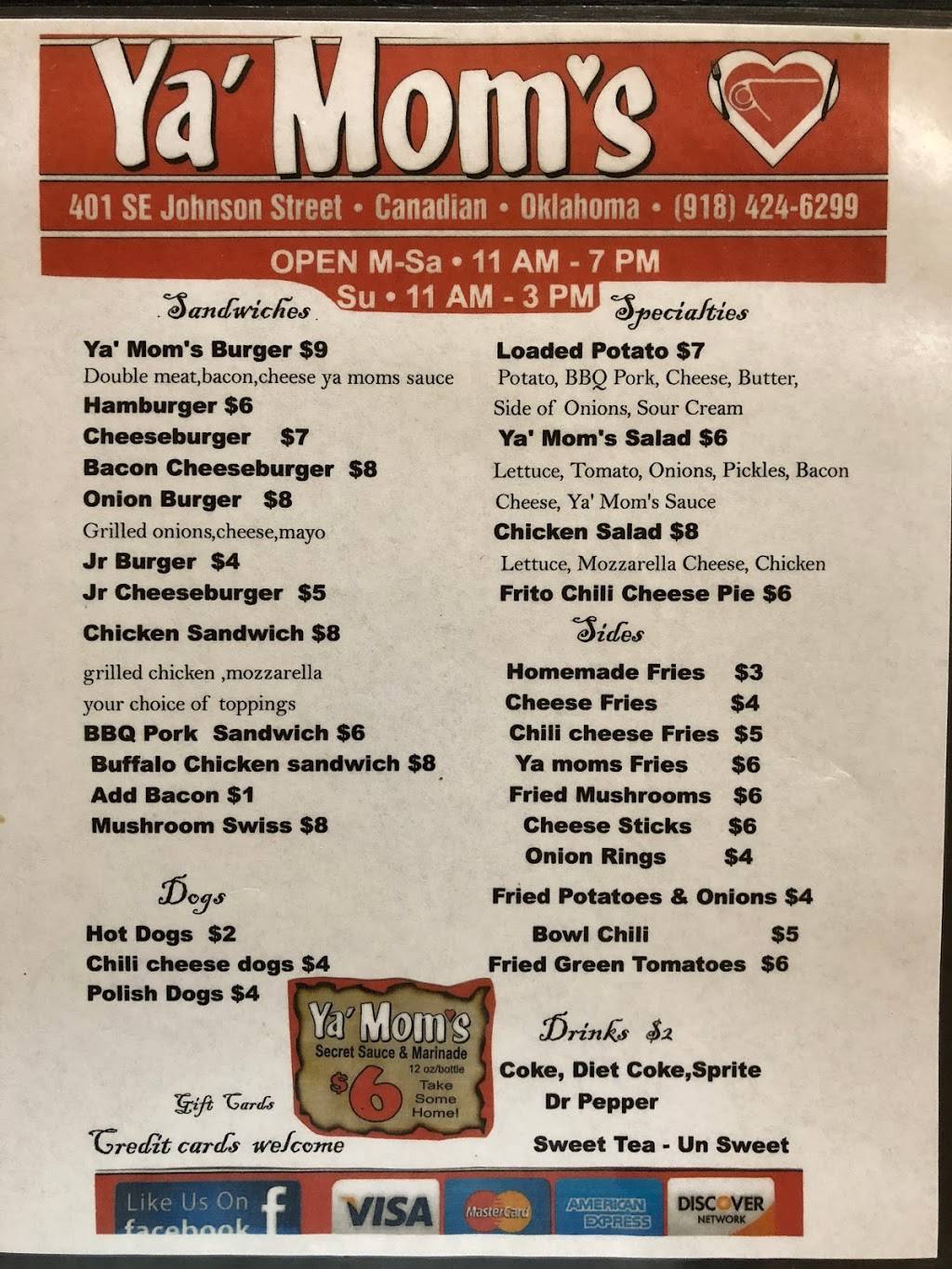 Ya Moms Restaurant | restaurant | 401 SE Johnson St, Canadian, OK 74425, USA | 9184246299 OR +1 918-424-6299