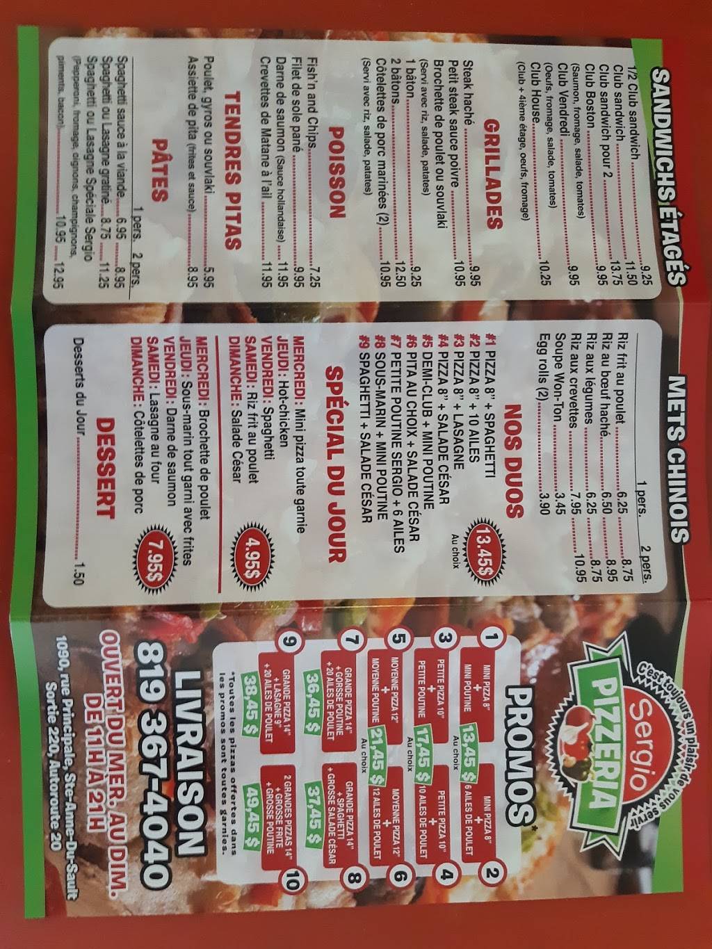 Sergio Pizzeria | restaurant | 1080 Route Principale, Sainte-Anne-du-Sault, QC G0Z 1C0, Canada | 8193674040 OR +1 819-367-4040