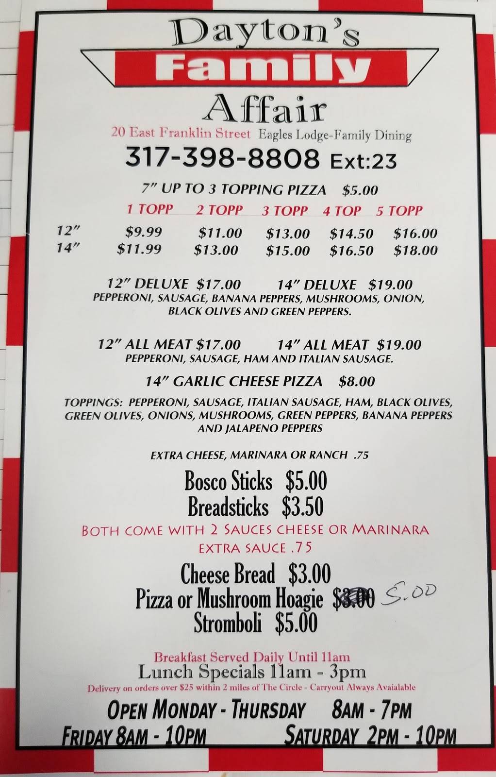 Daytons Family Affair | restaurant | 20 E Franklin St, Shelbyville, IN 46176, USA | 3173988808 OR +1 317-398-8808