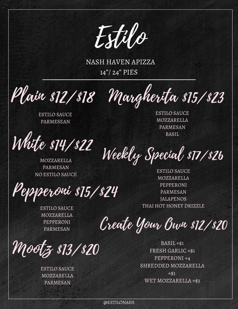 Estilo Nash Haven Apizza | restaurant | 120 Providence Trail, Mt. Juliet, TN 37122, USA | 6157499239 OR +1 615-749-9239