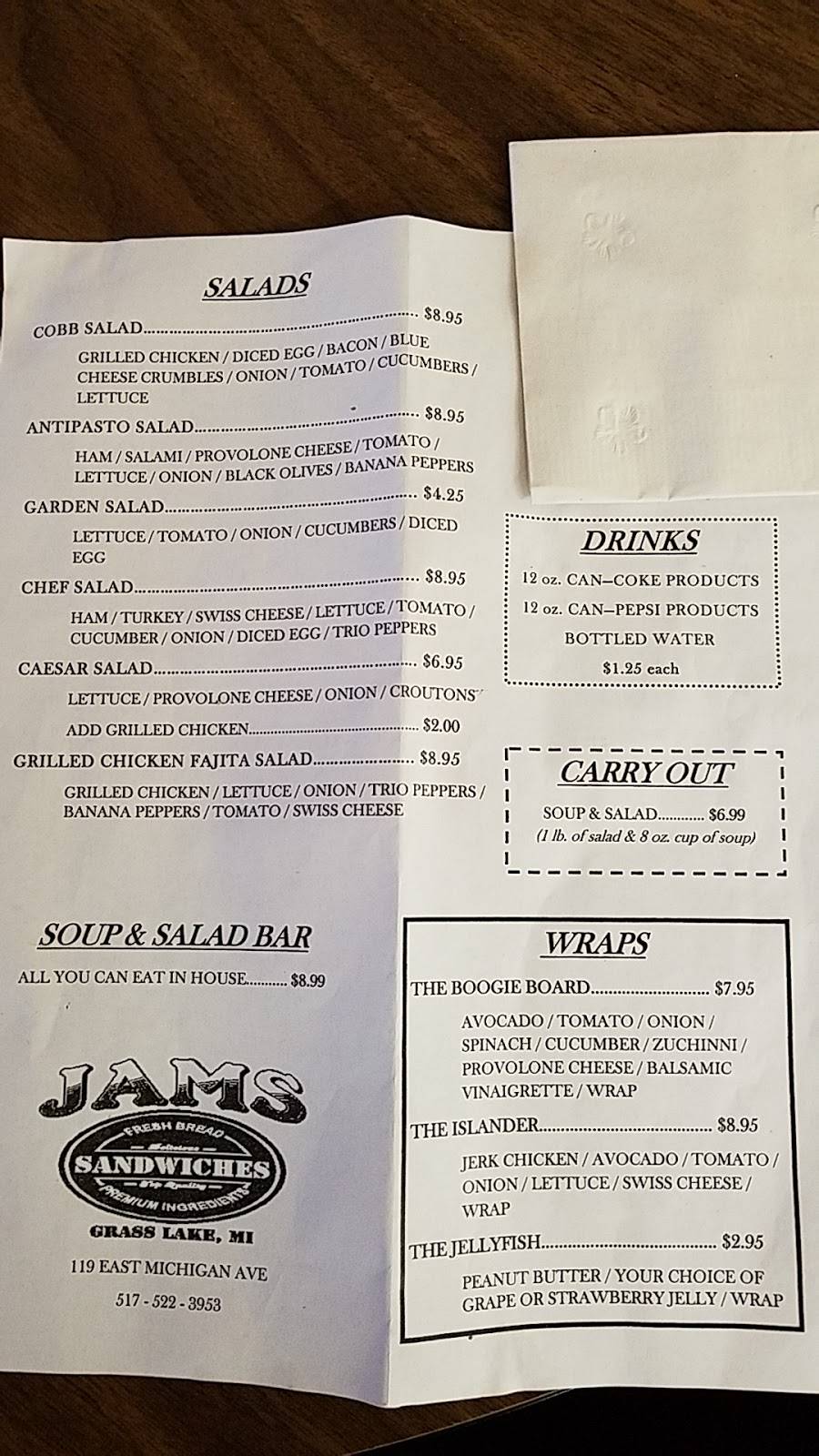 Jams Deli Sandwiches | restaurant | 119 E Michigan Ave, Grass Lake, MI 49240, USA | 5175229949 OR +1 517-522-9949