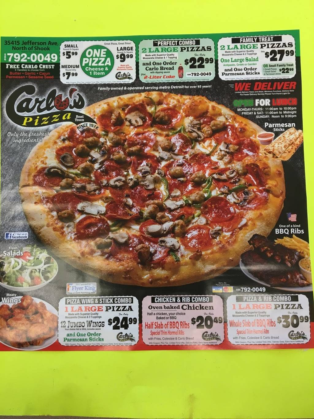 Carlos Pizza | restaurant | 35415 Jefferson Ave, Harrison Charter Township, MI 48045, USA | 5867920049 OR +1 586-792-0049