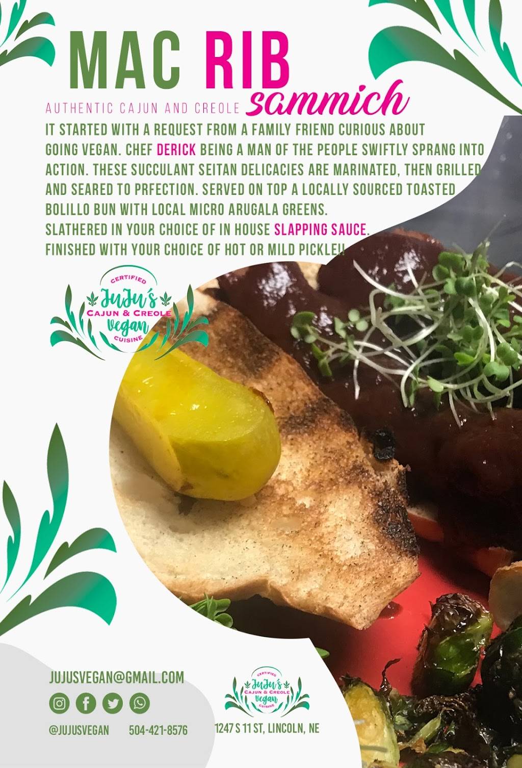 Jujus Vegan Cajun and Creole Cuisine | restaurant | 1247 S 11th St, Lincoln, NE 68502, USA | 5044218576 OR +1 504-421-8576