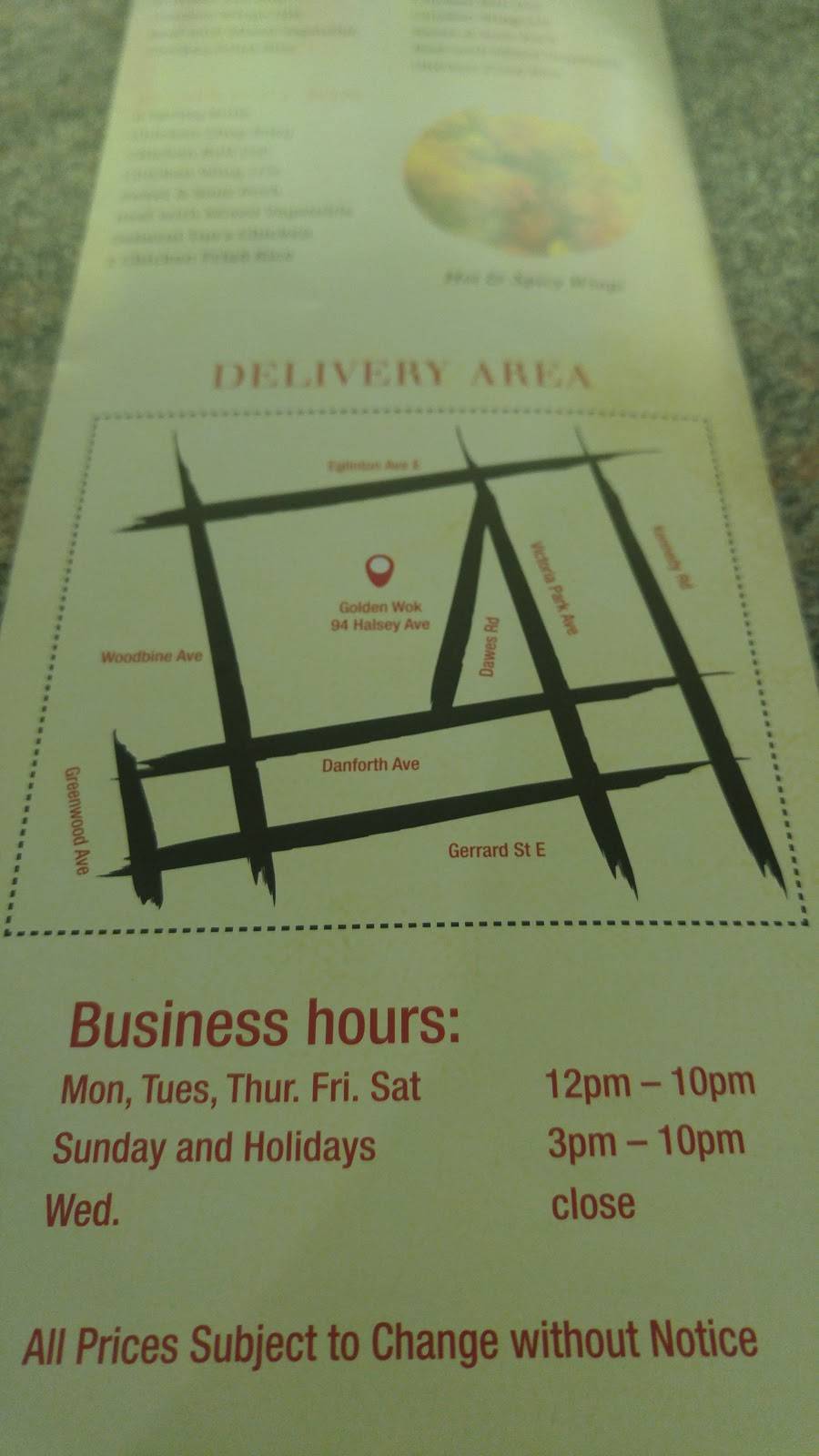 Golden Wok Chinese Restaurant | meal delivery | 94 Halsey Ave, East York, ON M4B 1A9, Canada | 4167512288 OR +1 416-751-2288