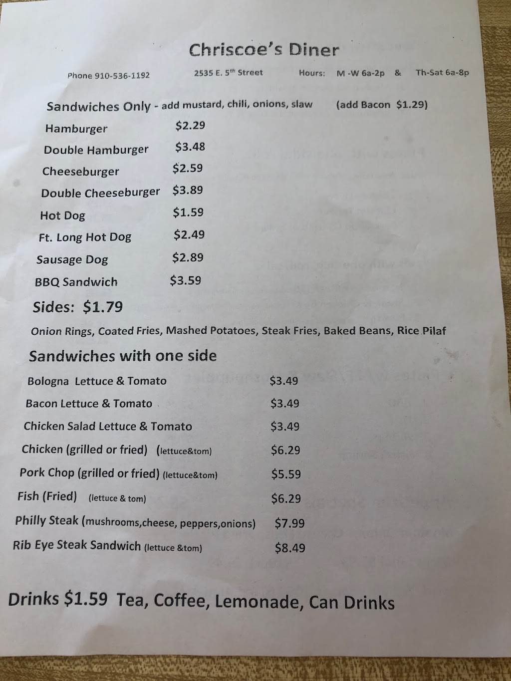 Chriscoes Diner | restaurant | 2535 E 5th St, Lumberton, NC 28358, USA | 9105361192 OR +1 910-536-1192