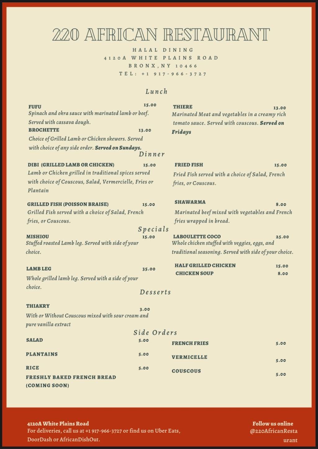 220 African Restaurant | restaurant | 4120 White Plains Rd, The Bronx, NY 10466, USA | 9179663727 OR +1 917-966-3727